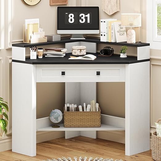 L-Shaped Executive Desk with Drawers, Power Outlets & Storage Shelf
