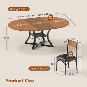 Round Extendable Dining Table Set for 4-8 — 5-Piece Kitchen Table with 4 Cushion Chairs
