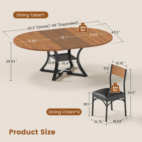 Round Extendable Dining Table Set for 4-8 — 5-Piece Kitchen Table with 4 Cushion Chairs