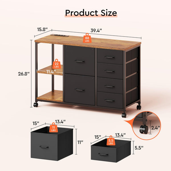 6-Drawer File Cabinet with Charging Station & Printer Stand