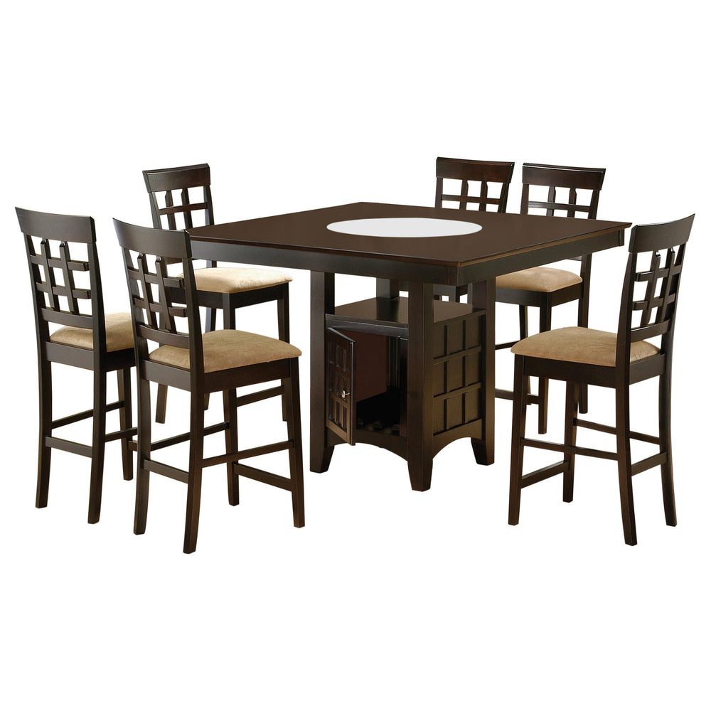 7-Piece Counter Height Dining Set – Square Wood Table with Storage, Wine Rack & 6 Upholstered Chairs