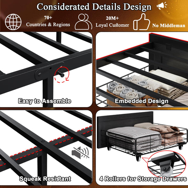 Platform Bed Frame with LED Lights, Storage Headboard & Charging Station