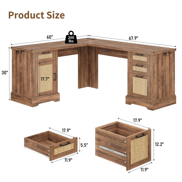 Farmhouse L-Shaped Corner Desk – 3 Drawers, 2 Cabinets & Built-In Power Outlets