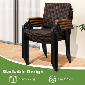 Stackable Patio Wicker Dining Chairs Set of 4 with Acacia Wood Armrests