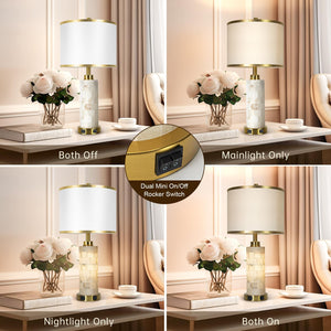 Alabaster Table Lamps Set of 2 with USB Ports, Night Light & Linen Shade
