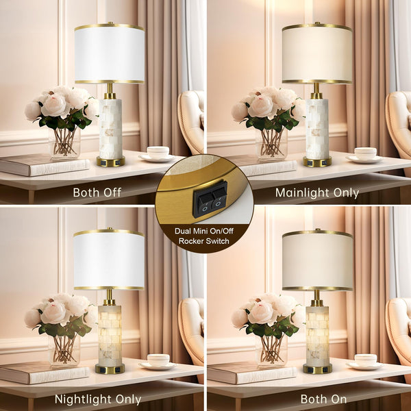 Alabaster Table Lamps Set of 2 with USB Ports, Night Light & Linen Shade