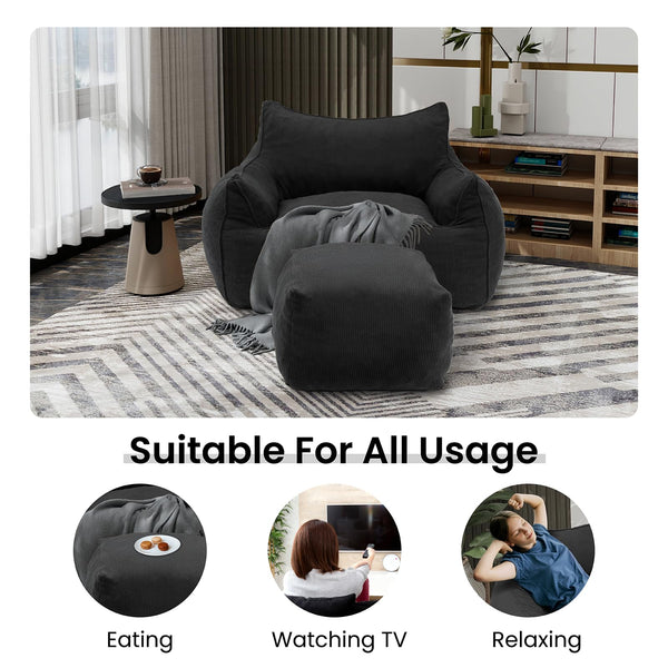 Bean Bag Chair with Footrest & Armrests – Corduroy Foam Sofa