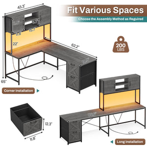 L-Shaped Gaming & Office Desk with LED Lights, Power Outlet, Hutch & Fabric Drawers