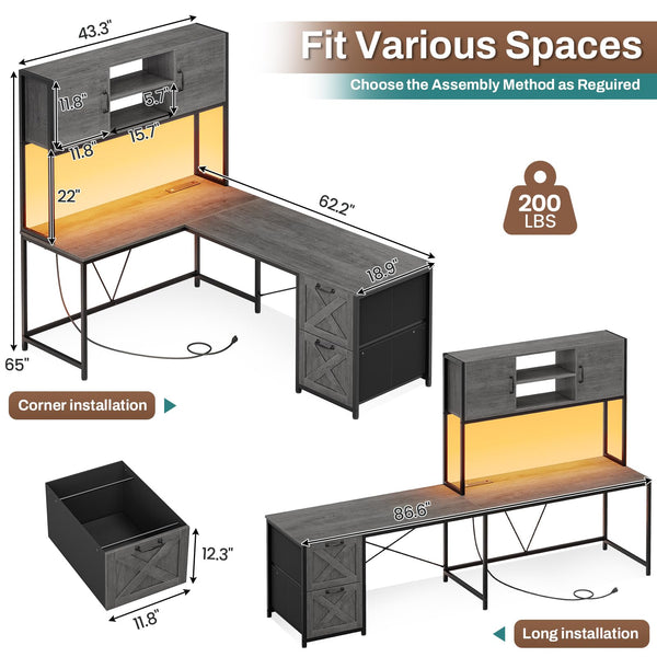 L-Shaped Gaming & Office Desk with LED Lights, Power Outlet, Hutch & Fabric Drawers
