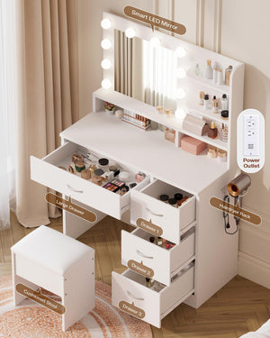 Makeup Vanity Table with HD Mirror, LED Bulbs, Drawers & Stool
