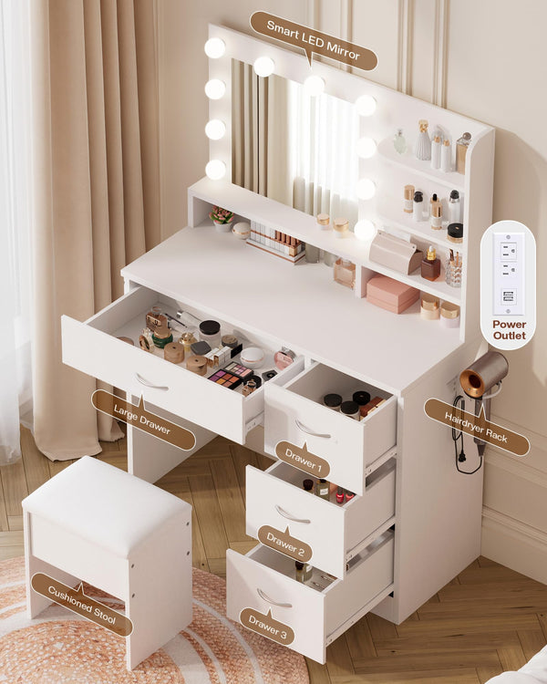 Makeup Vanity Table with HD Mirror, LED Bulbs, Drawers & Stool