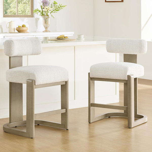 Modern Boucle Counter Height Bar Stools Set of 2 with Wood Legs