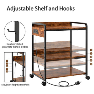 3-Tier Printer Stand with Wheels, Power Outlet & USB Port