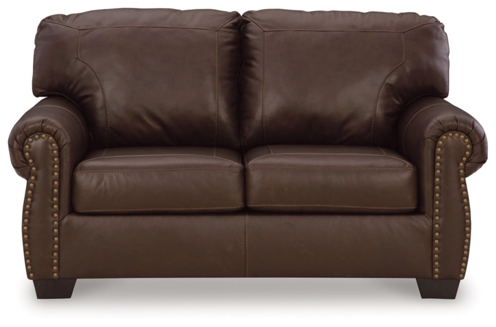Dark Brown Leather Loveseat with Nailhead Trim