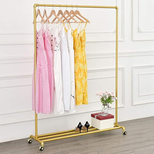 Gold Clothes Racks with 4-Tier Wood Shelves, Modern Freestanding Gold Clothing Racks for Hanging Clothes Display Racks,Rolling Clothing Racks for Boutique, Cloth Store