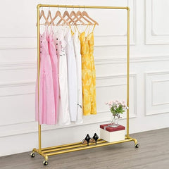 Clothes rack Gold, Freestanding Industrial Garment Rack with Double shelves Multi-functional Bedroom Hanging Clothing Rack,Heavy Duty Movable Coat Rack for Organizing Clothes and Shoes (59'' L)