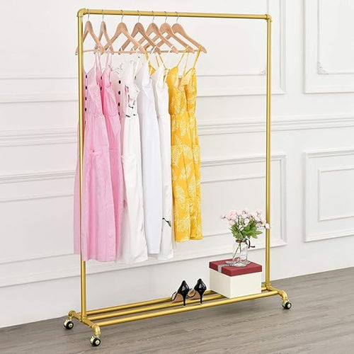 Clothes rack Gold, Freestanding Industrial Garment Rack with Double shelves Multi-functional Bedroom Hanging Clothing Rack,Heavy Duty Movable Coat Rack for Organizing Clothes and Shoes (59'' L)