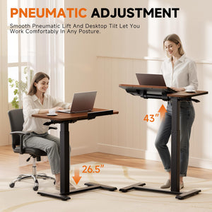 GTPLAYER Overbed Bedside Table with Wheels,Tiltable Hospital Bed Table Over The Bed, Pneumatic Adjustable Rolling Laptop Desk, Mobile Standing Desk for Hospital and Home Use (Walnut)