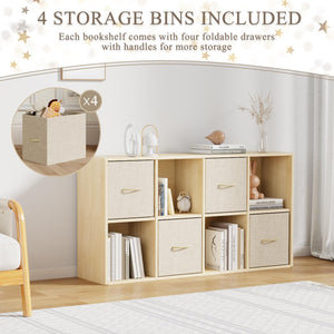 Cube Storage Organizer with Fabric Bins — Solid Wood Bookshelf