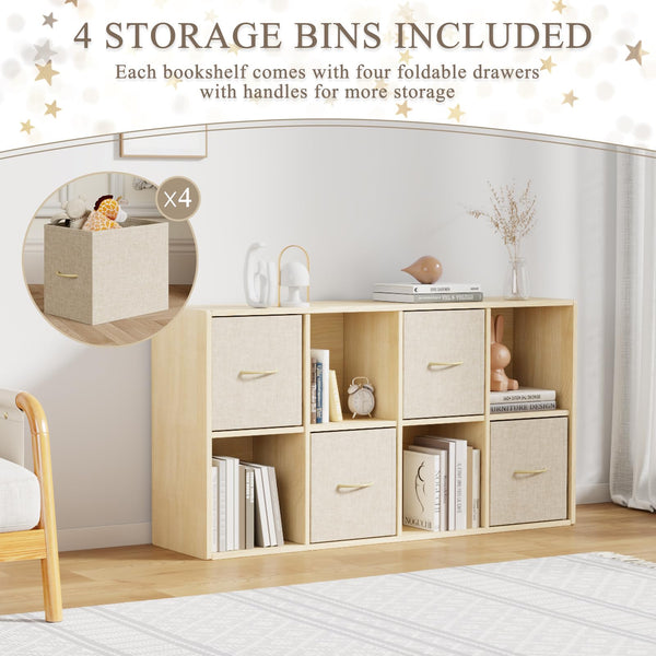 Cube Storage Organizer with Fabric Bins — Solid Wood Bookshelf