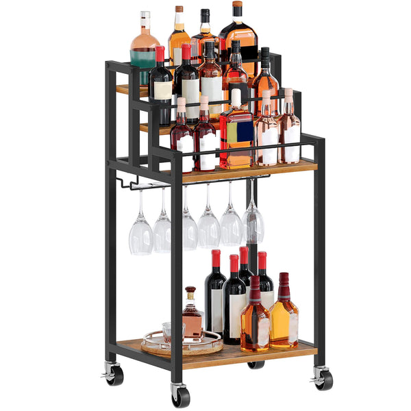 YATINEY Bar Cart, 3 Tier Home Bar Serving Cart with Wine Rack, Small Bar Cart with Wheels, Modern Rolling Beverage Cart, for Home Kitchen Small Spaces, Rustic Brown BC08BR