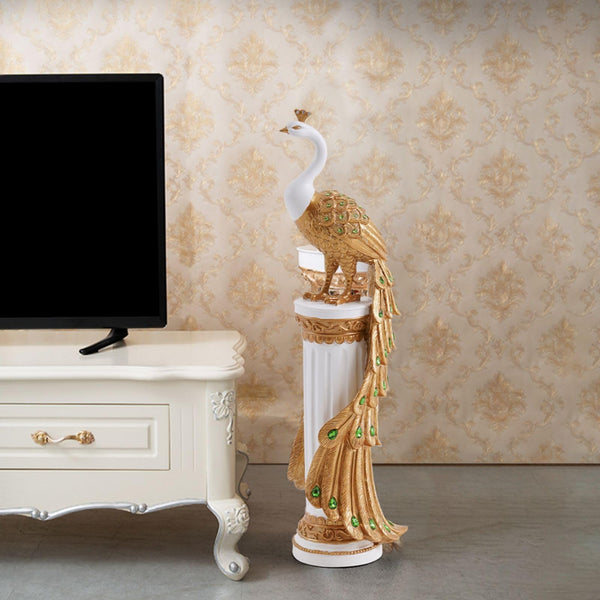 Decorative Peacock Statue – Resin Art Deco Sculpture (White & Gold)