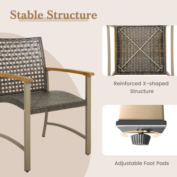 Outdoor PE Wicker Patio Dining Chairs Set of 4 with Acacia Wood Armrests