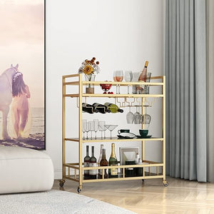 3-Tier Gold Bar Cart with Glass Shelves & Wheels