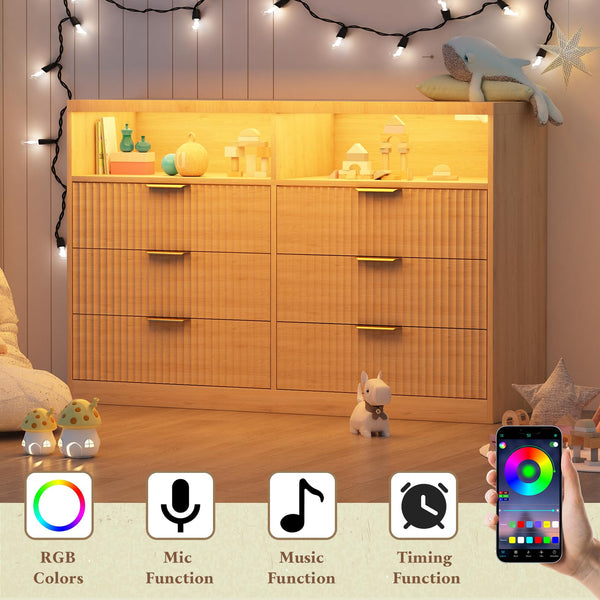 Wooden Dresser TV Stand with LED Lighting & Charging Station