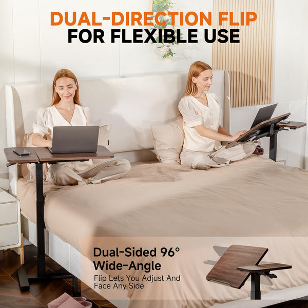 GTPLAYER Overbed Bedside Table with Wheels,Tiltable Hospital Bed Table Over The Bed, Pneumatic Adjustable Rolling Laptop Desk, Mobile Standing Desk for Hospital and Home Use (Walnut)