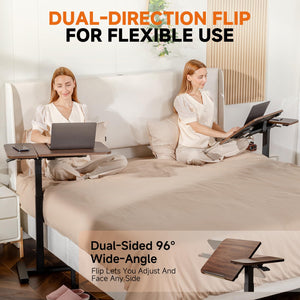 COMHOMA Tiltable Mobile Small Standing Desk, Pneumatic Adjustable Height Overbed Bedside Table with Wheels, Sit Stand Portable Rolling Laptop Desk Computer Workstations, Walnut