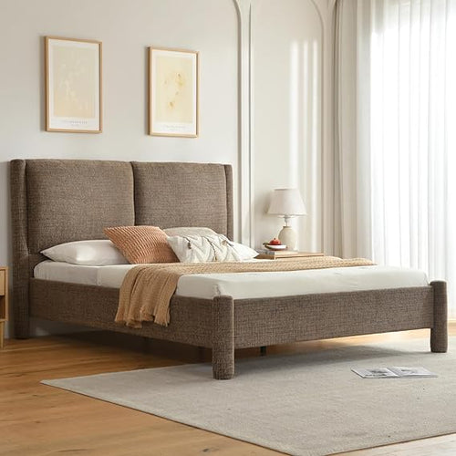 Upholstered Platform Bed Frame with Padded Headboard & Slatted Support