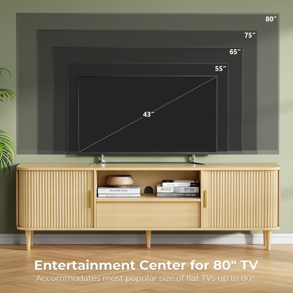 Modern Fluted TV Stand with Sliding Doors — Oak, Fits TVs Up to 80"