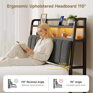 Upholstered Headboard with LED Light, Storage & Charging Station