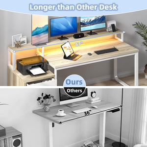 67-Inch Home Office Desk with Drawers and LED Lights