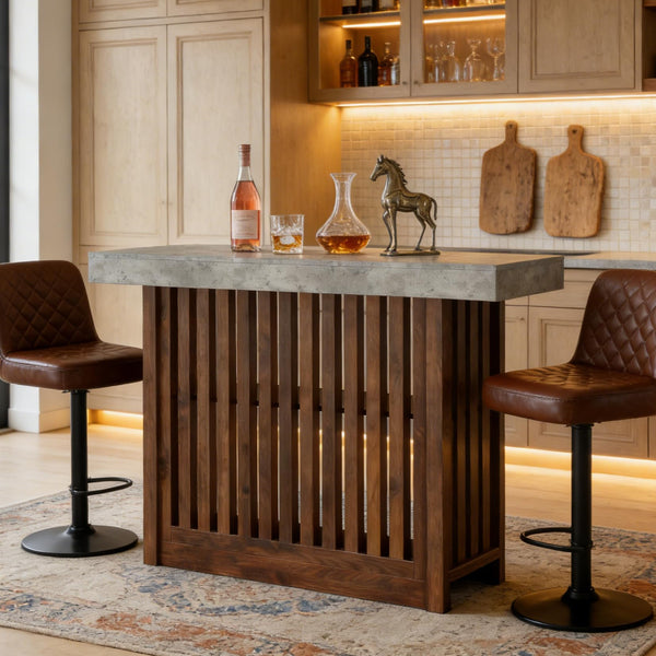 Modern Bar Table with Faux Marble Top & Storage Shelves