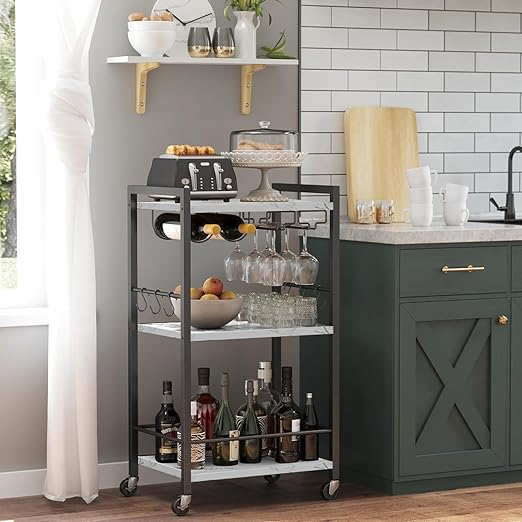 3-Tier Bar Cart with Wine Rack, Glass Holder & S-Hooks