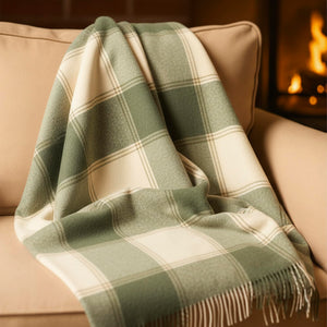 Irish Lambswool Throw Blanket – Cream & Green Check Tartan