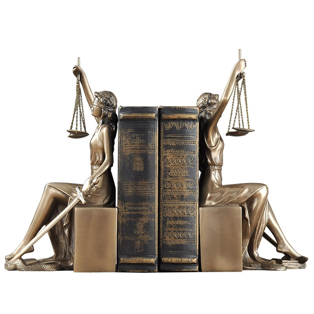 Lady Justice Statue Bookends – Gold Metal & Resin, Set of 2