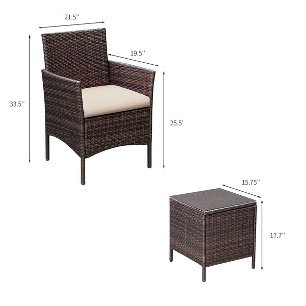 3-Piece Outdoor Rattan Patio Furniture Set with Cushions & Glass Table