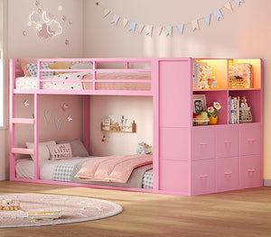 Twin Over Twin Bunk Bed with Storage Drawers & LED Lights