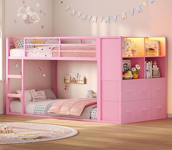 Twin Over Twin Bunk Bed with Storage Drawers & LED Lights