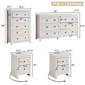4-Piece Farmhouse Bedroom Dresser Set with Nightstands – Rustic White