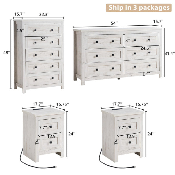 4-Piece Farmhouse Bedroom Dresser Set with Nightstands – Rustic White