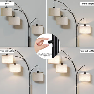 3-Light Arc Floor Lamp with Linen Drum Shades