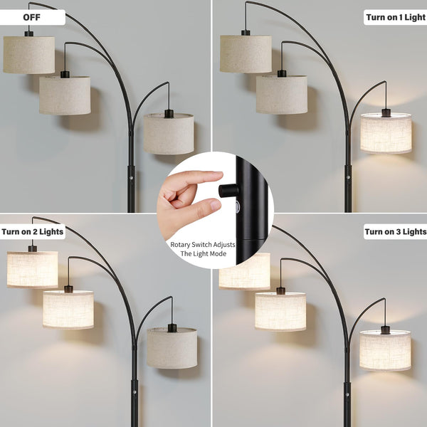 3-Light Arc Floor Lamp with Linen Drum Shades