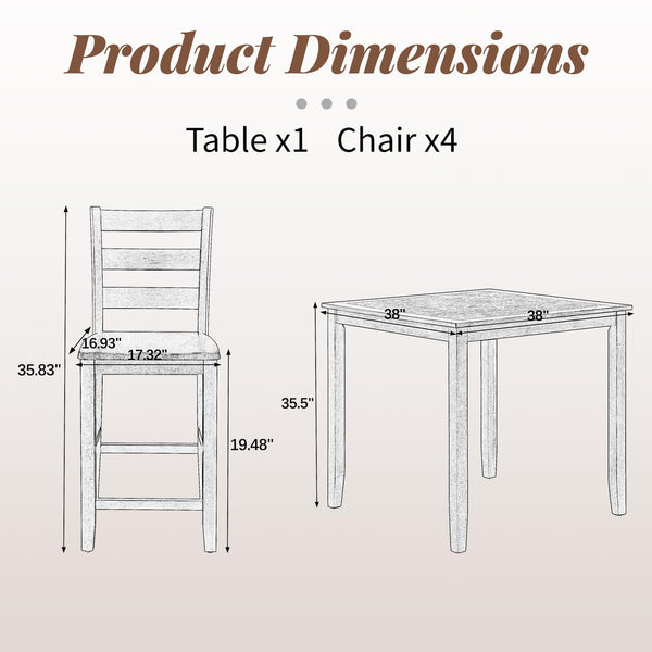 Counter Height Dining Table Set with 4 Chairs – 5-Piece Bar-Style Breakfast Set for Small Spaces