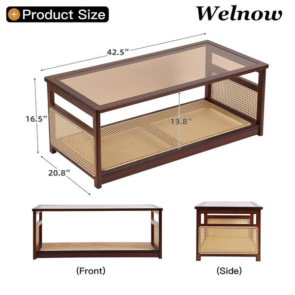 Rattan Glass Coffee Table with Storage Shelf