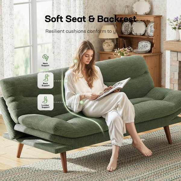 Convertible Futon Sofa Bed with Adjustable Backrest & Armrests