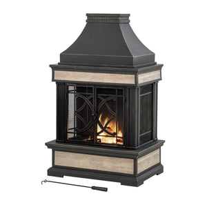 Sunjoy Outdoor Fireplace, Stone Look Tile Patio Wood Burning Steel Fireplace with Chimney, Spark Screen, Fire Poker, Rain Cover, and Removable Grate, Black with Golden Highlight